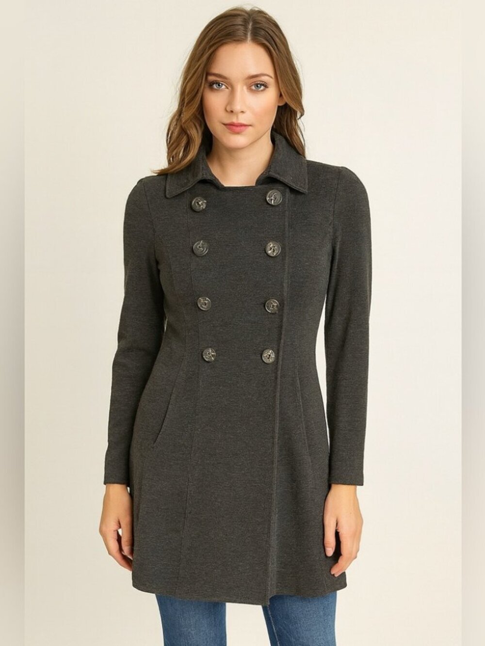 CAbi Ponte Knit Double Breasted Trench Pea Coat XS Dark Grey Charcoal Casablanca - Picture 2 of 16